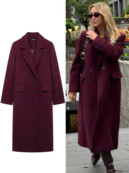 HH Fashion women's coat in burgundy wool, with double closure, long sleeves and lapel. Ideal for autumn and winter.